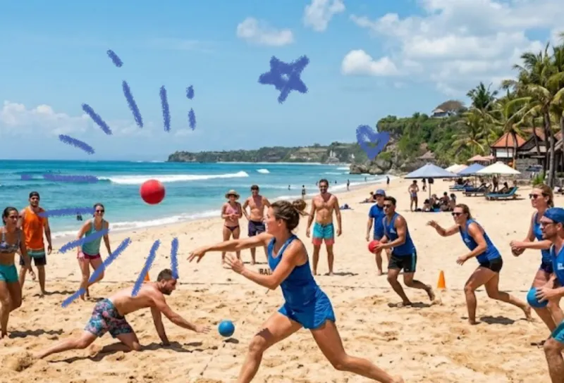 People playing beach games on the sand in Bali